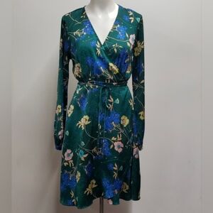 Lulu's Love is Life Green Floral Print Satin Wrap Dress Women's Medium Office